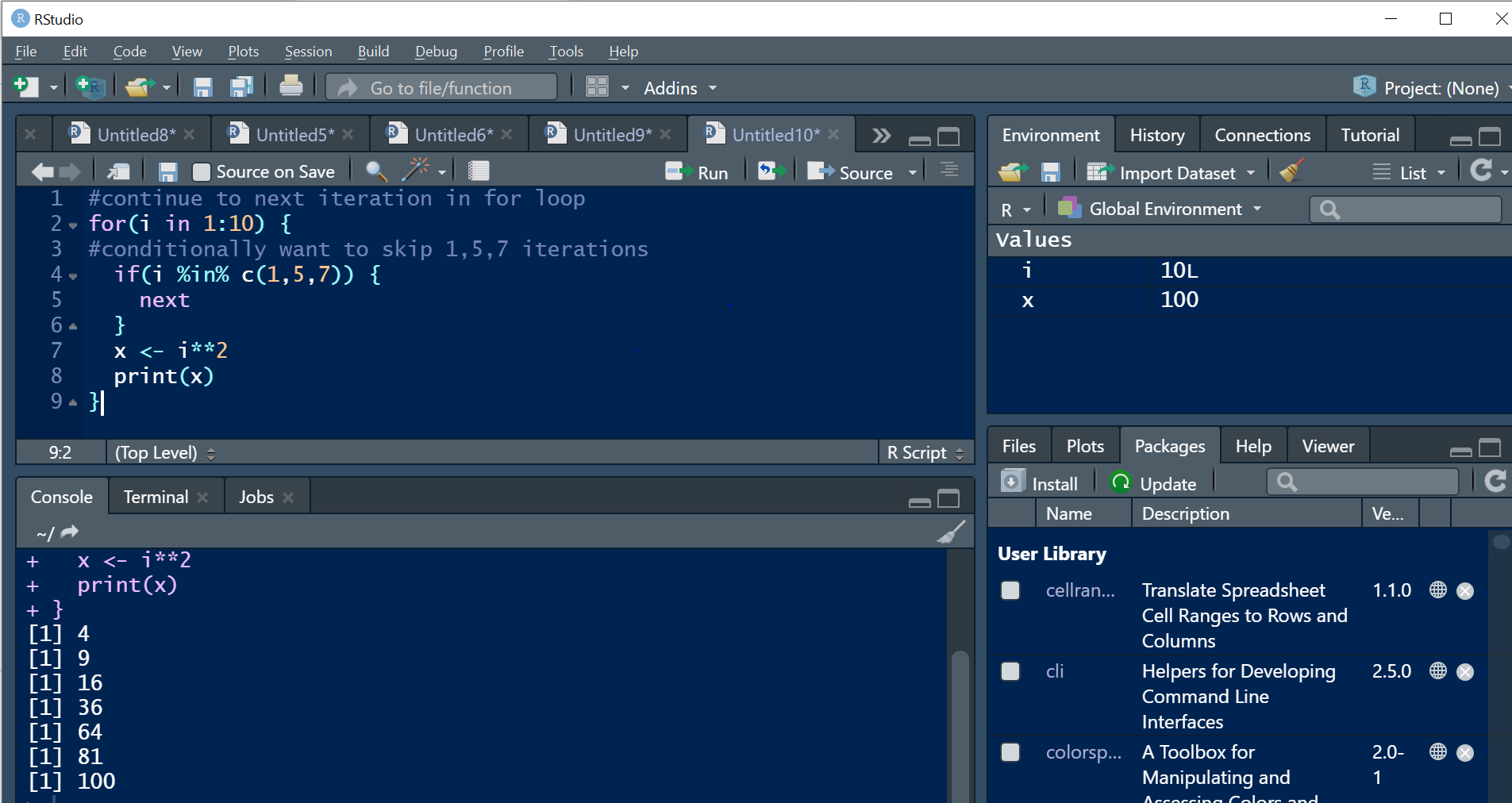 r studio for loop